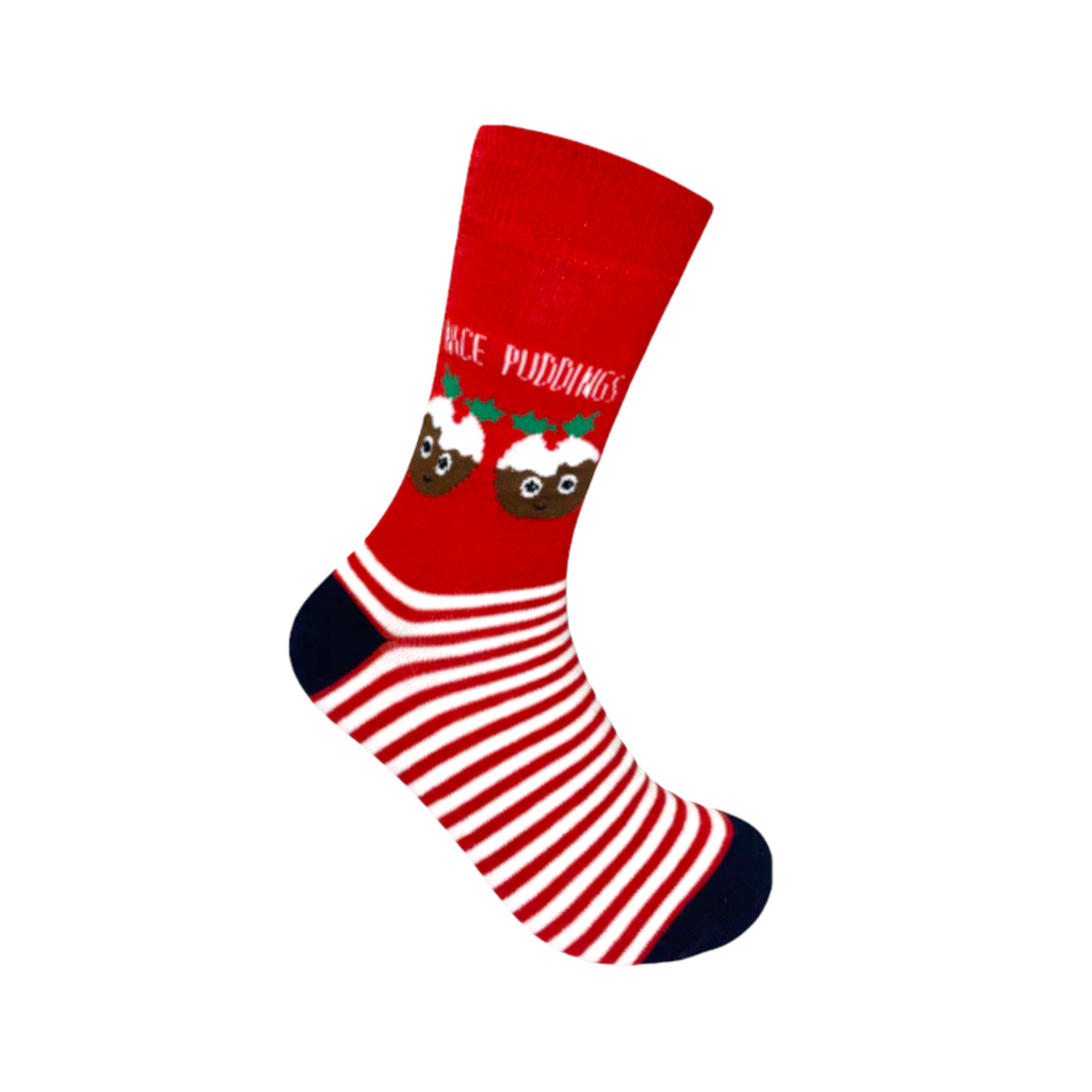 Red Christmas socks with pudding design, Nice Pudding Socks, cotton blend, unisex size UK 6-11.