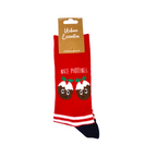Red Nice Pudding Socks with Christmas design, unisex size UK 6-11.