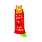 Holiday-themed red socks with "Tis The Season To Get Smashed Socks" text, champagne glasses graphic, and green toe.