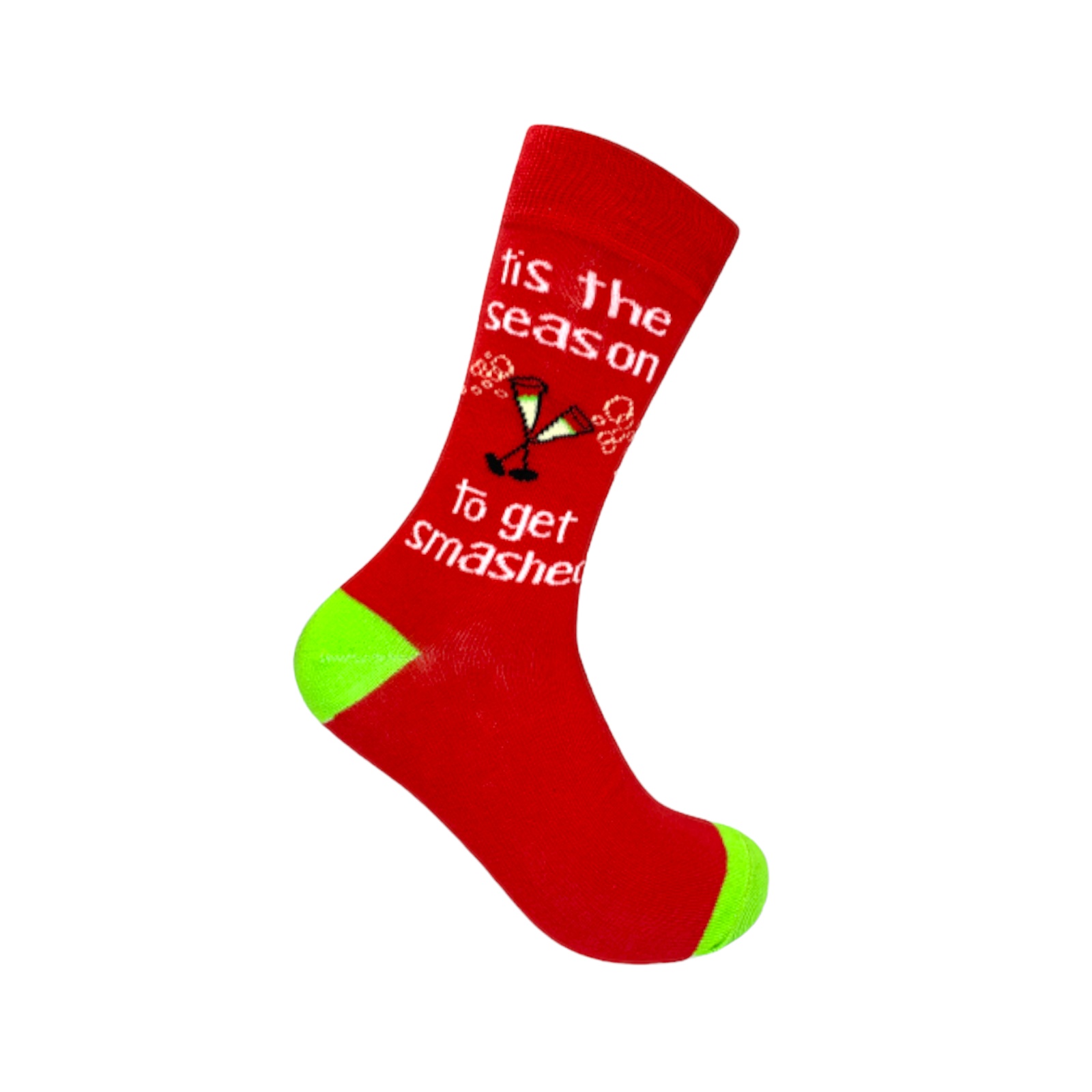 Festive red and green cotton socks with "Tis The Season To Get Smashed Socks" design.