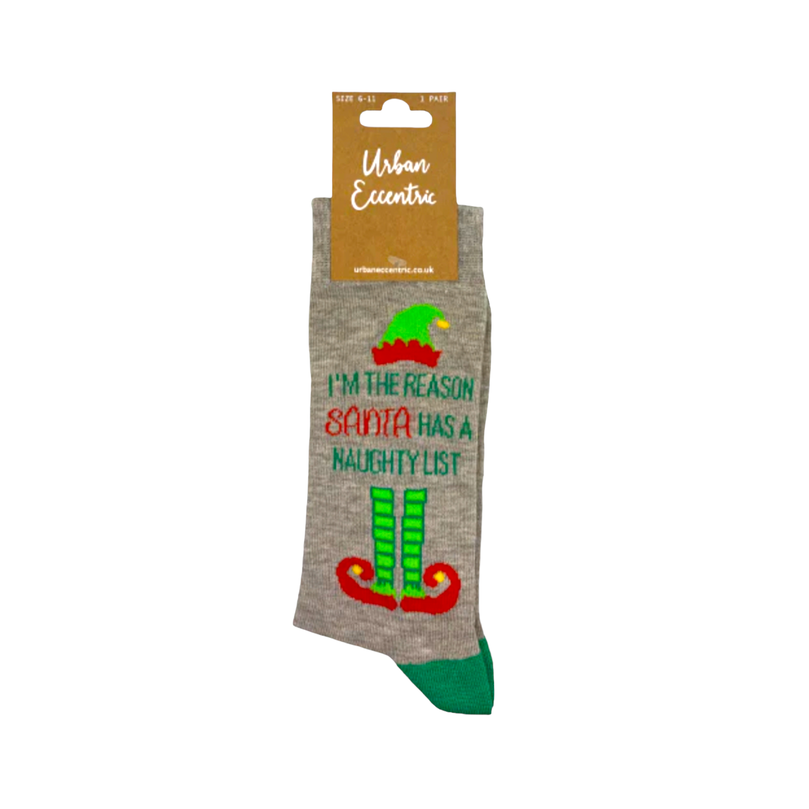 Christmas socks with "Im The Reason Santa Has a Naughty List" design, featuring elf hat and shoes, for festive holiday wear.