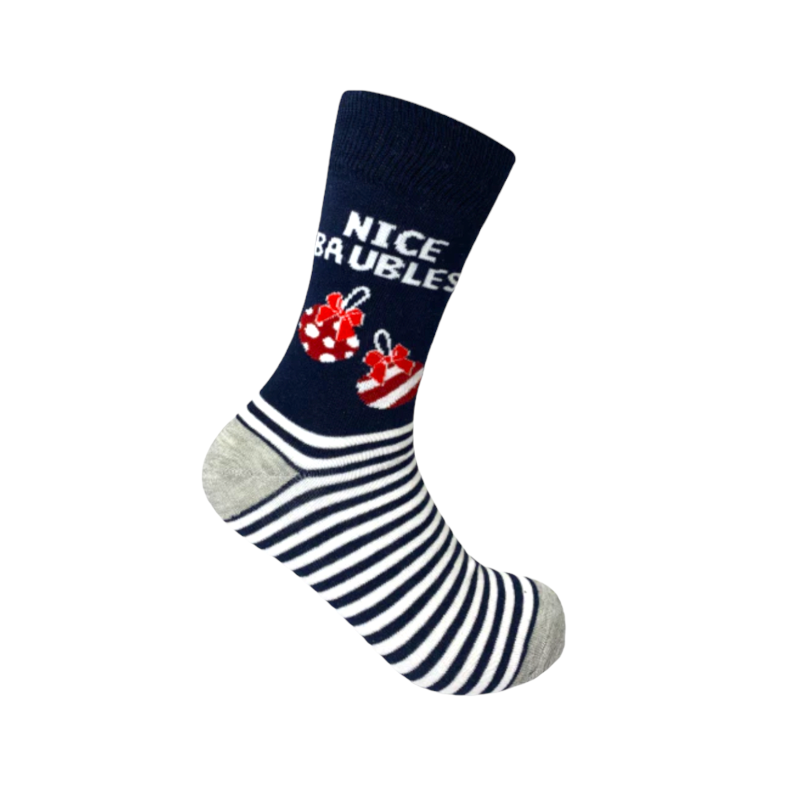 Striped Nice Baubles Socks with colorful holiday design and premium cotton blend.