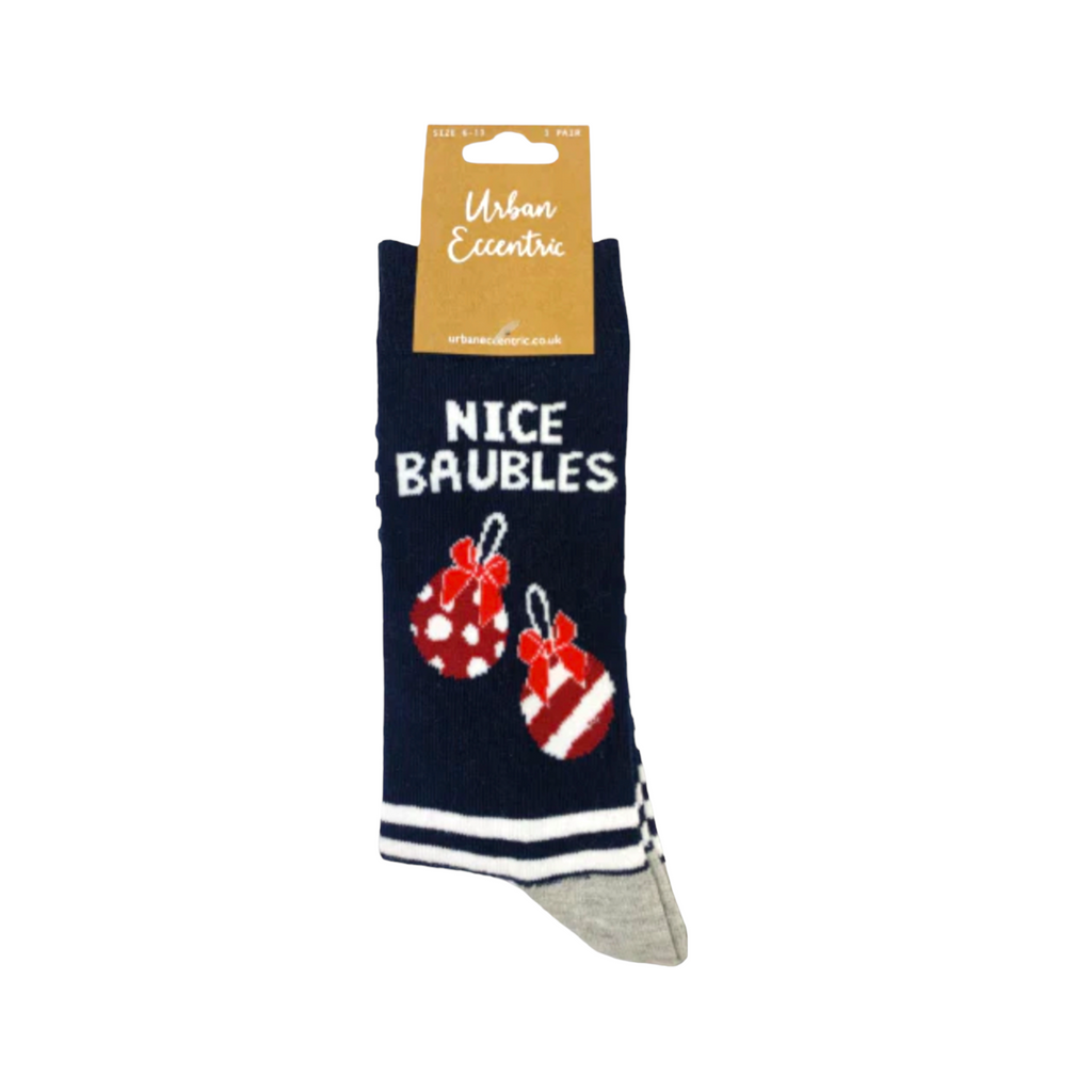 Nice Baubles Socks with festive design packaging.