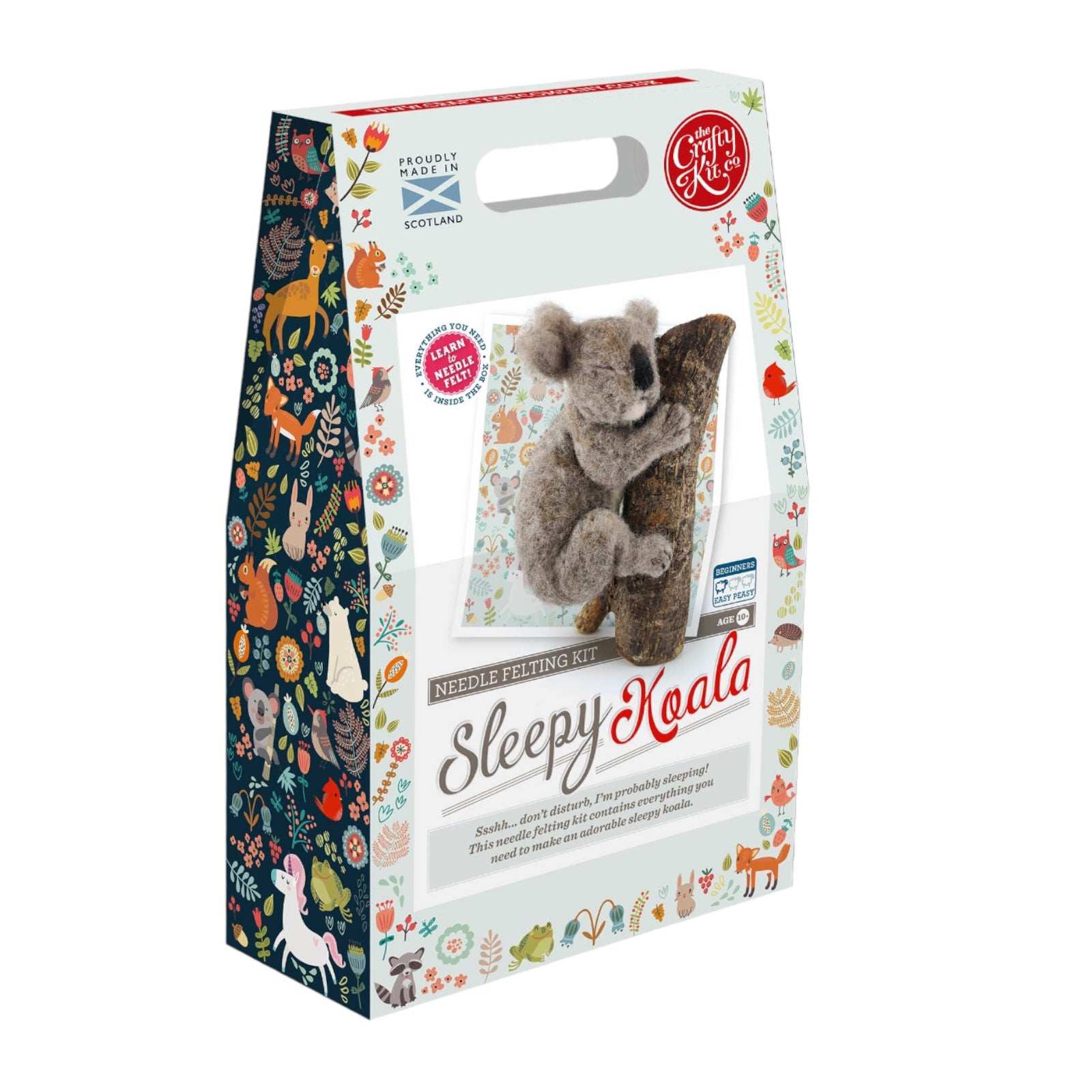 Sleepy Koala Needle Felting Craft Kit by Crafty Kit Company, includes 100% wool and step-by-step instructions, suitable for beginners, ages 10+.