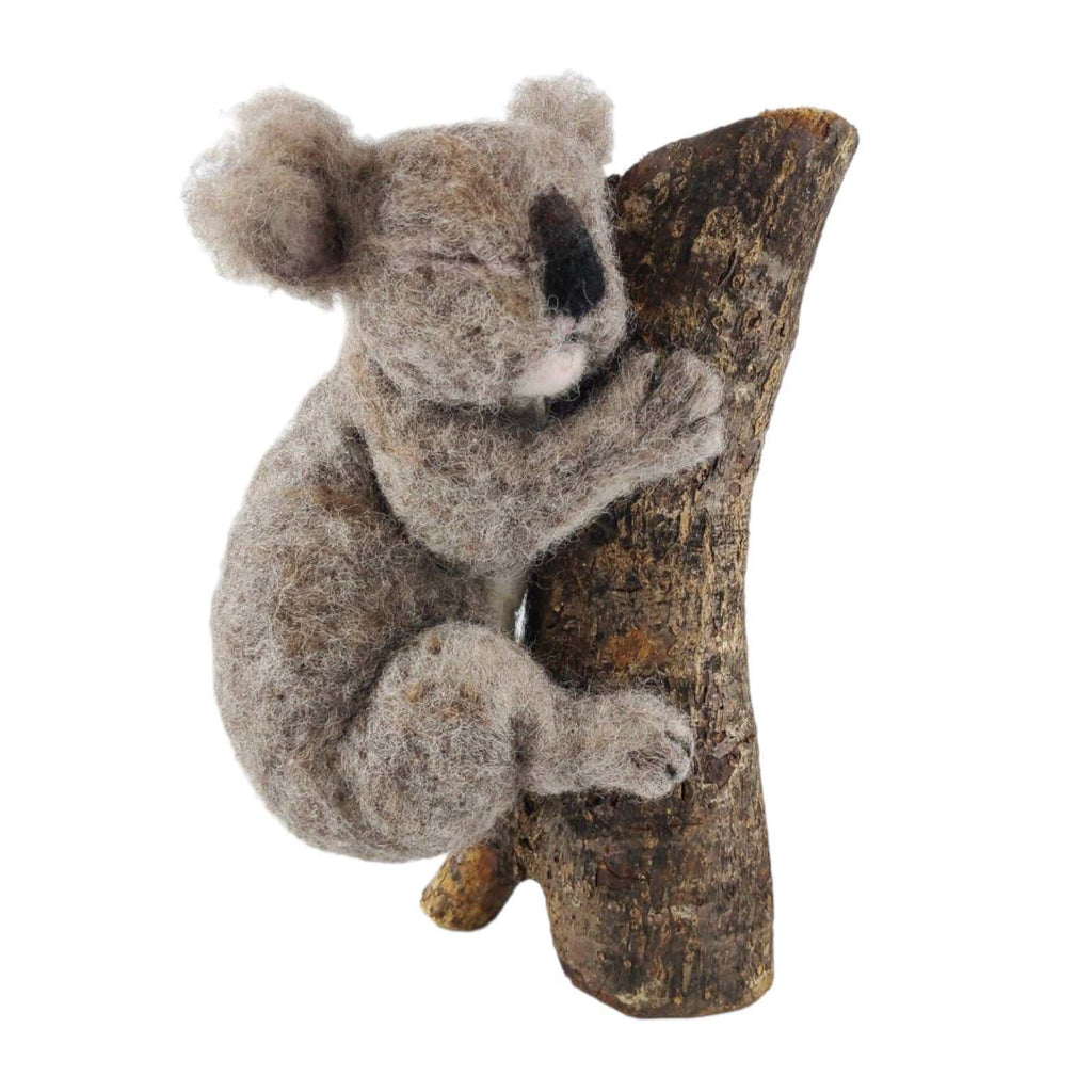 Sleepy Koala Needle Felting Craft Kit showing a felted koala hugging a tree trunk.