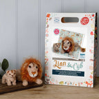 Lion & Cub Needle Felting Craft Kit packaging with finished felt lion and cub models.