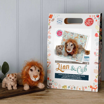 Lion & Cub Needle Felting Craft Kit packaging with finished felt lion and cub models.