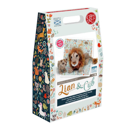 Lion & Cub Needle Felting Craft Kit with wool, needles, and instructions for creating felting projects.