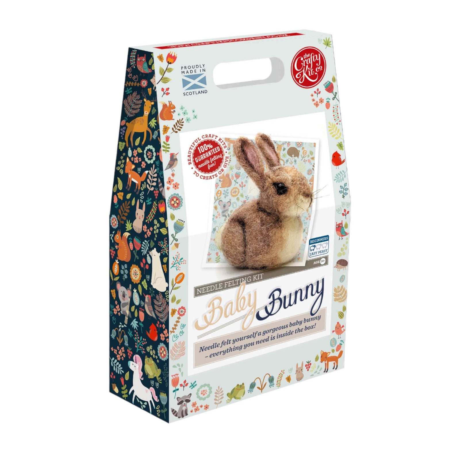 Baby Bunny Needle Felting Craft Kit packaging with colorful design and image of a felted bunny.