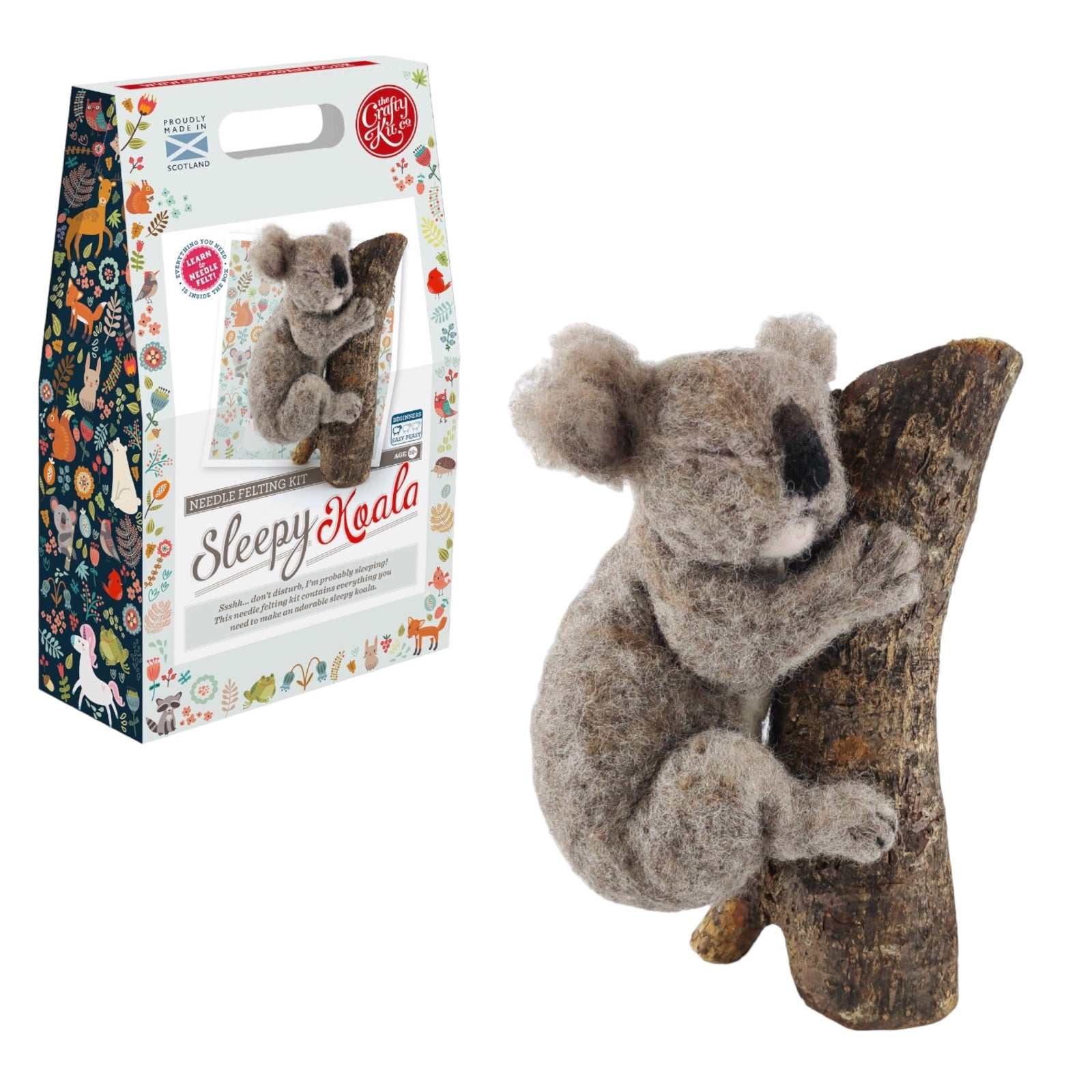 Sleepy Koala Needle Felting Craft Kit with wool, needles, and instructions for beginners, finished size 20cm.