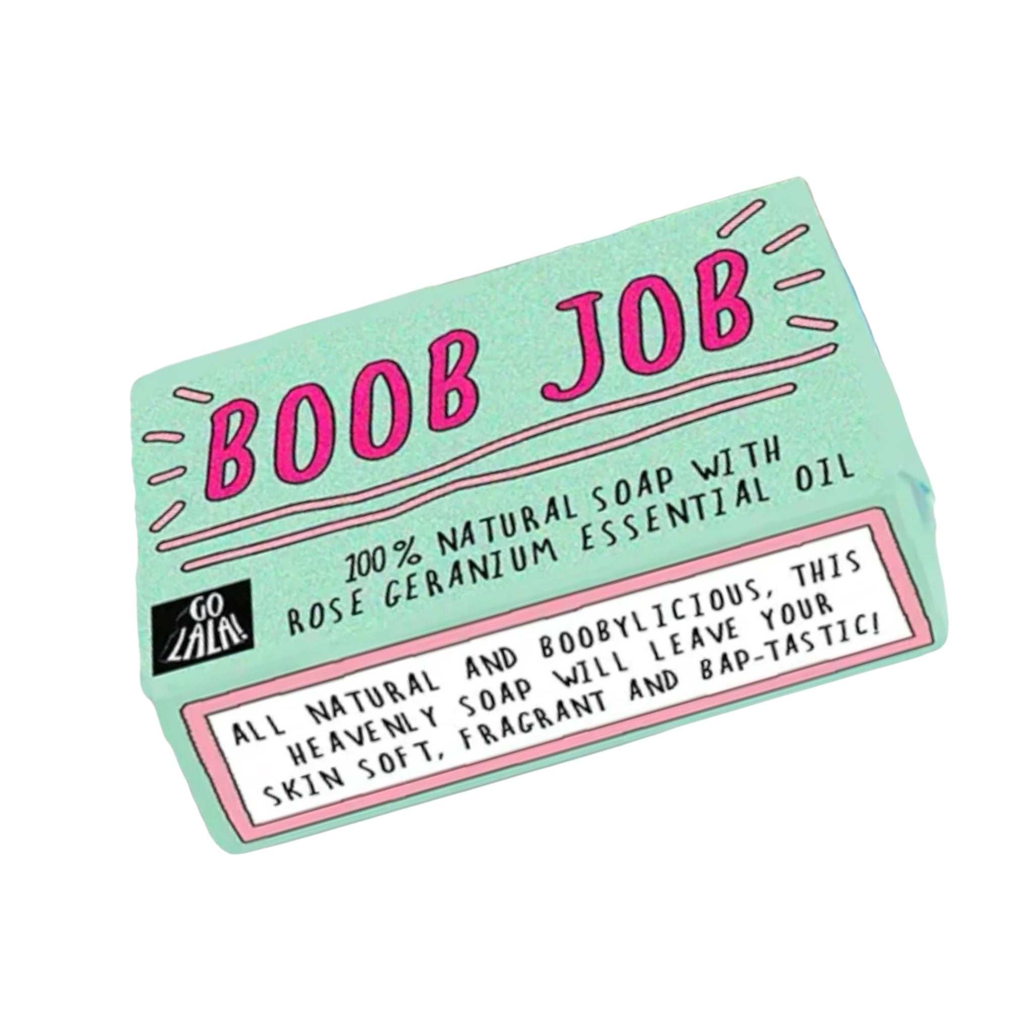 Boob Job Soap with rose geranium scent, playful design, vegan, palm oil-free.