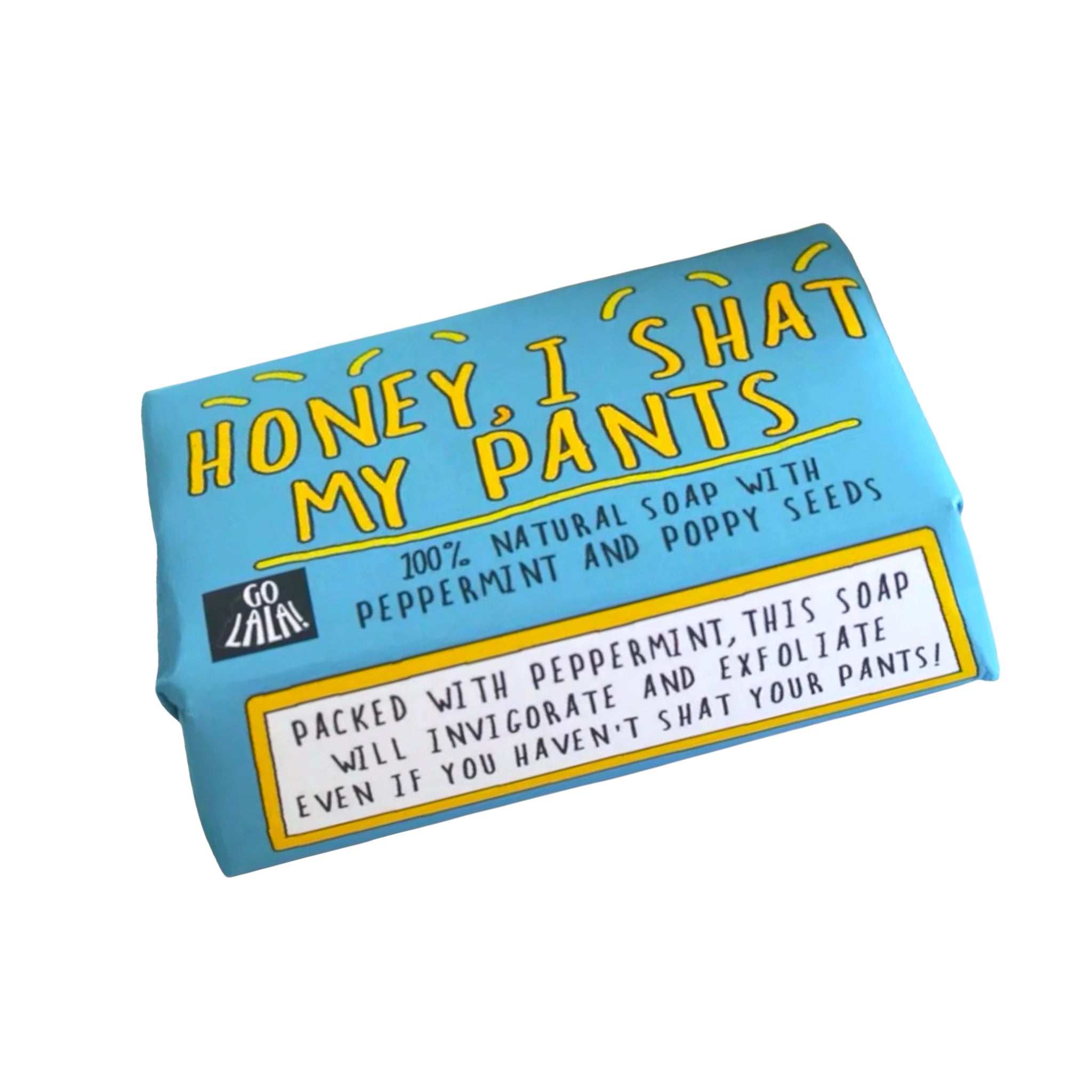 Honey I Shat My Pants Soap bar with peppermint and poppy seeds, humorously packaged, vegan-friendly, palm oil free.