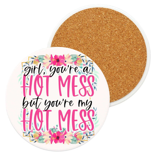 Round ceramic coaster with "Hot Mess" text and cork backing, suitable for hot or cold drinks.