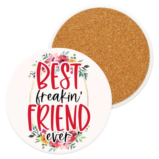 Best Freaking Friend Ceramic Coaster with colorful floral design and cork backing.