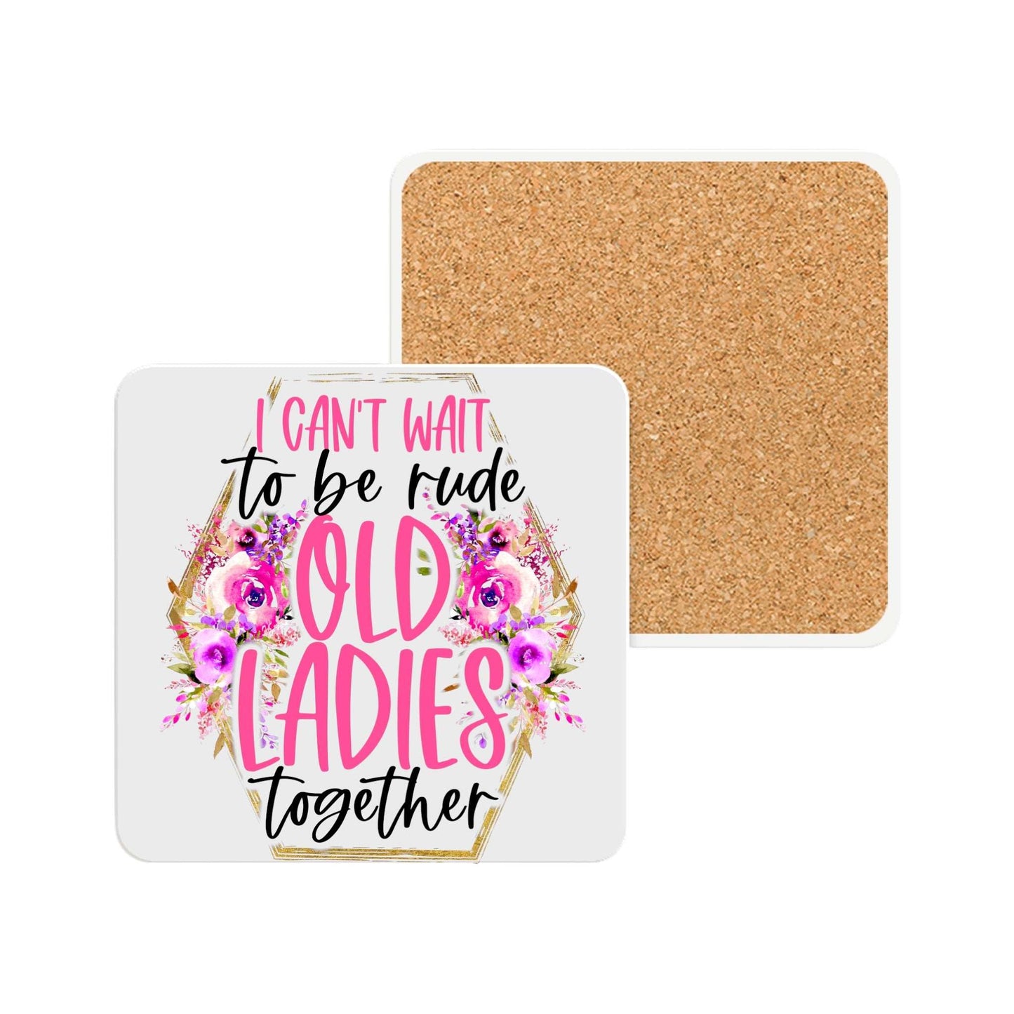 Old Ladies Ceramic Coaster with colorful design, square shape, cork backing.