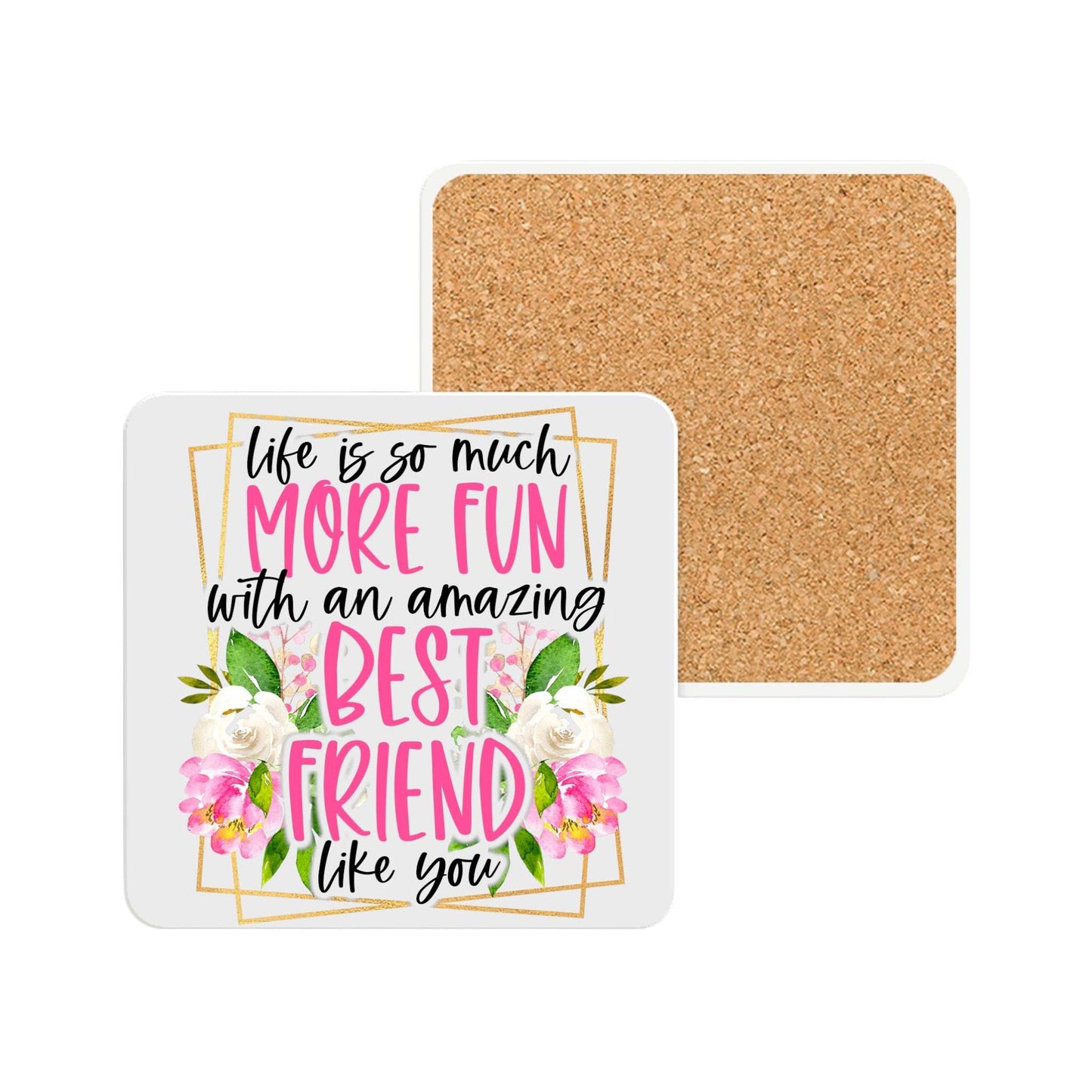 Amazing Friend Ceramic Coaster with floral design and cork backing.