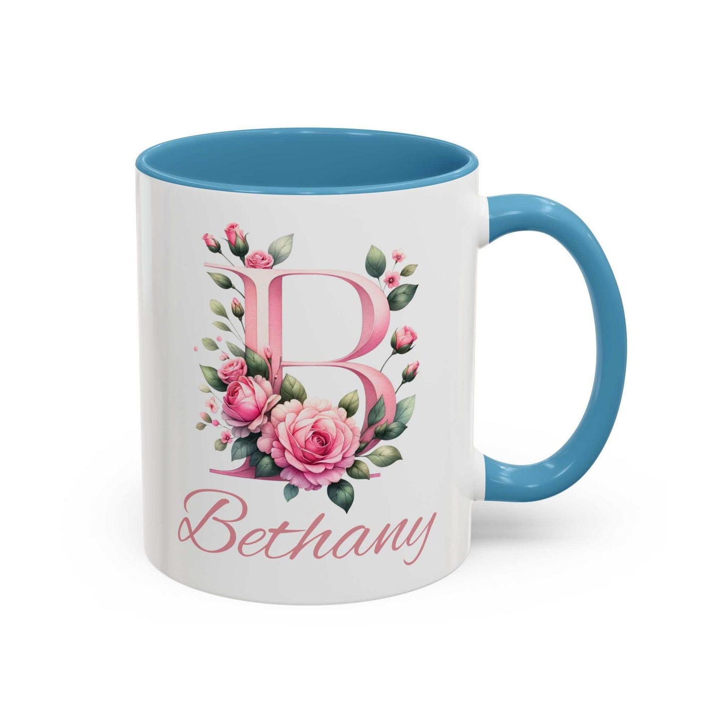 Personalised watercolour gift mug with hand-crafted rose design and custom name.