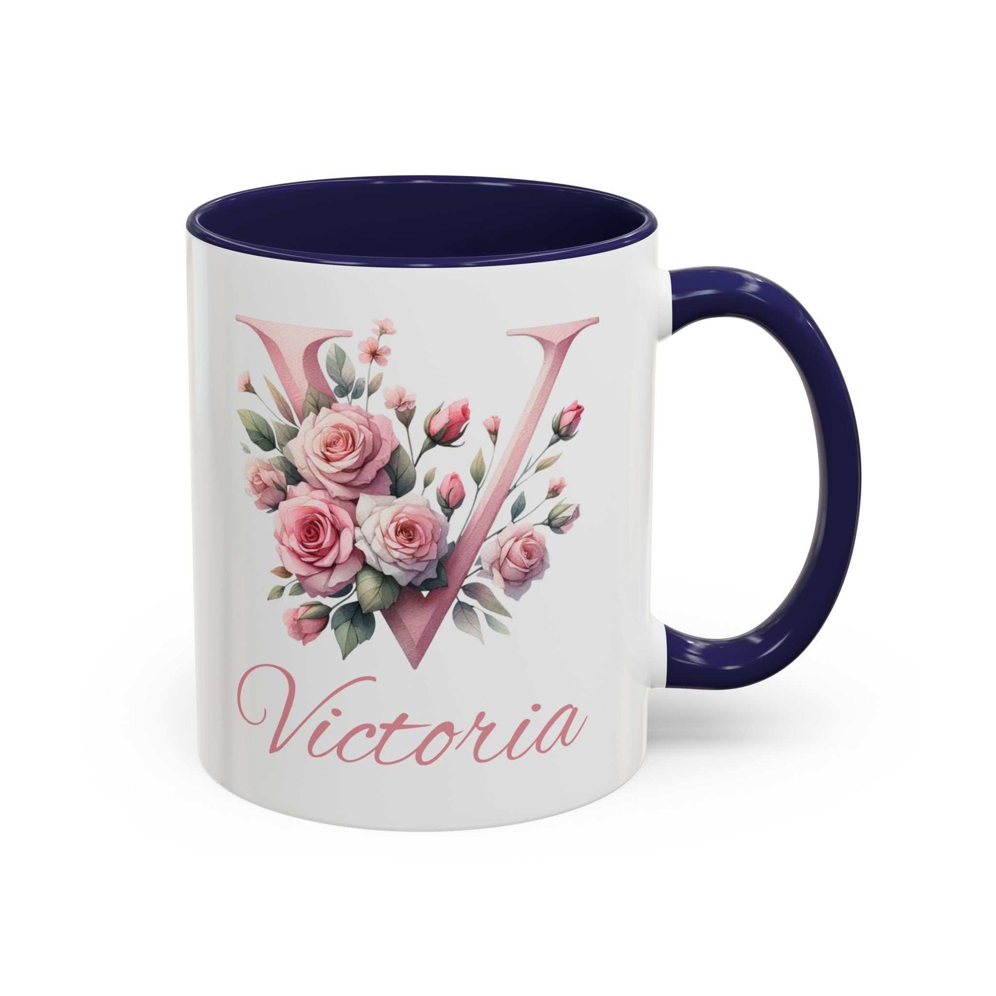 Personalised watercolour roses gift mug with name and initial.