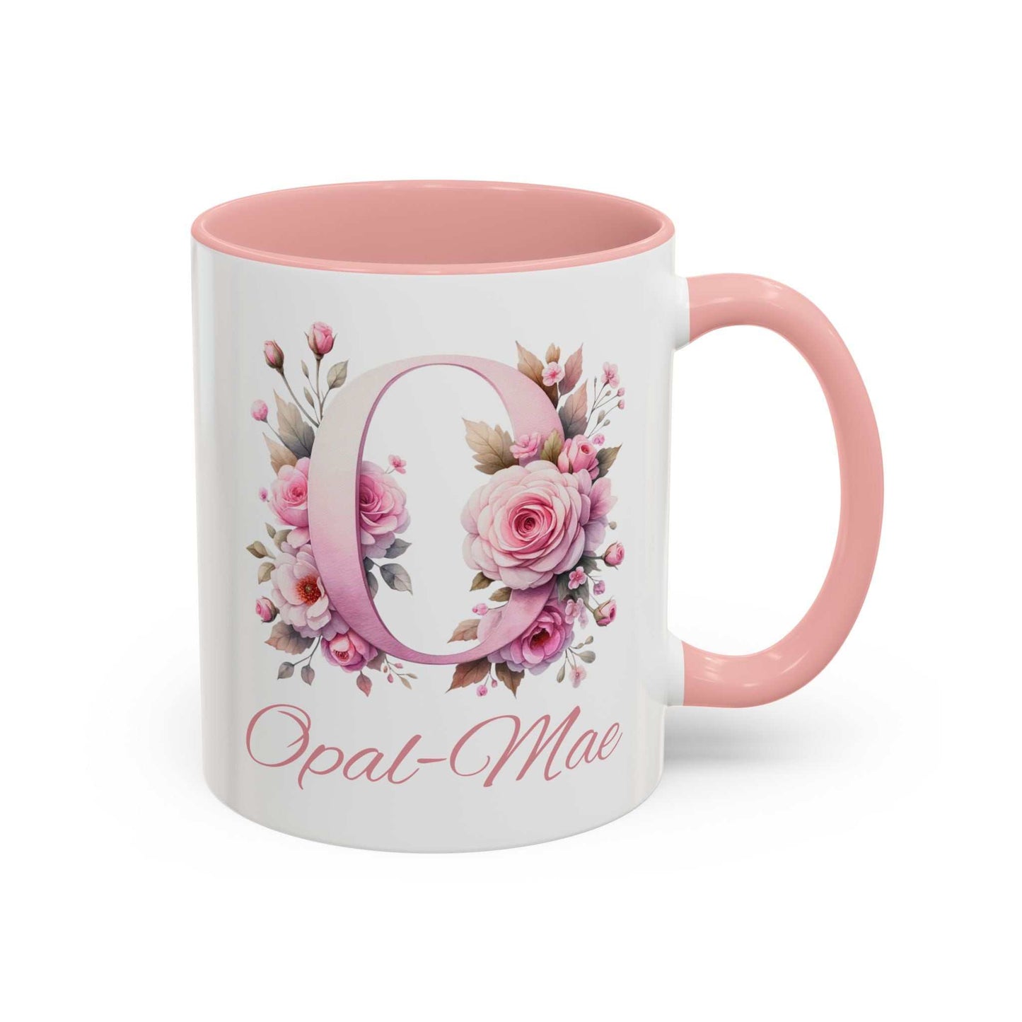 Personalised watercolour gift mug with floral design and custom name "Opal-Mae".