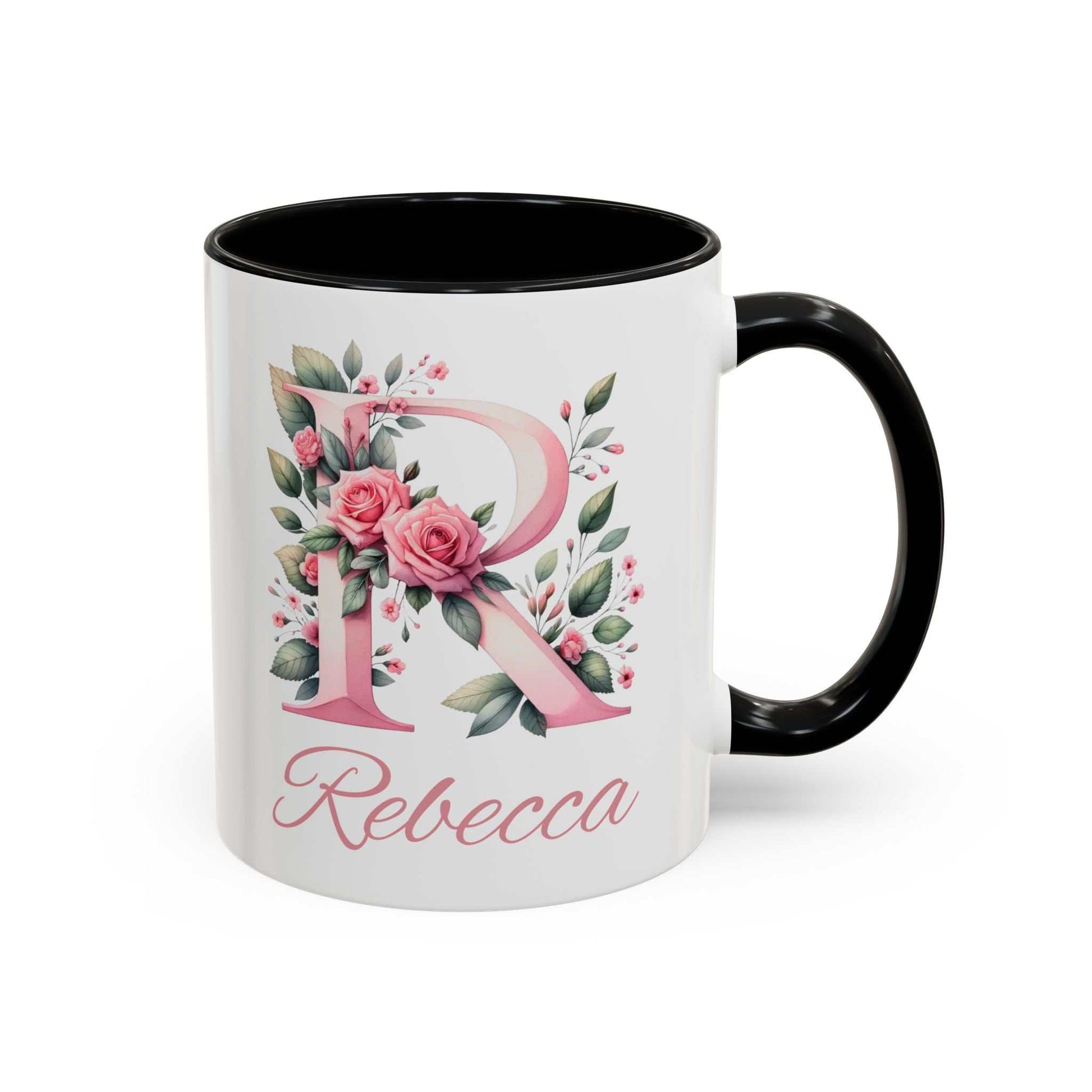 Personalised watercolour gift mug with hand-crafted rose design featuring the initial "R" and name "Rebecca".