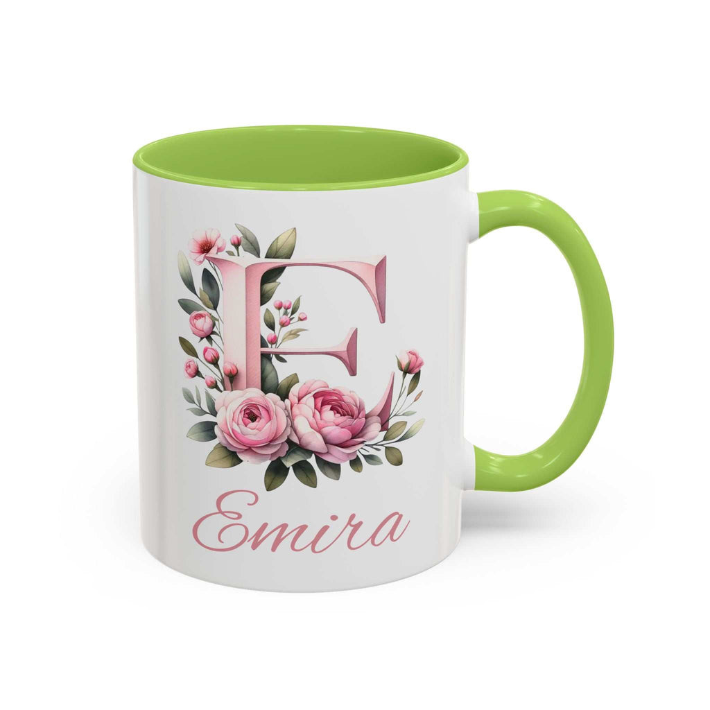 Personalised watercolour gift mug with floral initial and name design, green handle and interior, 11oz ceramic, microwave and dishwasher safe.