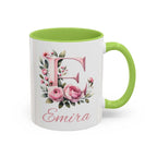 Personalised watercolour gift mug with floral initial and name design, green handle and interior, 11oz ceramic, microwave and dishwasher safe.