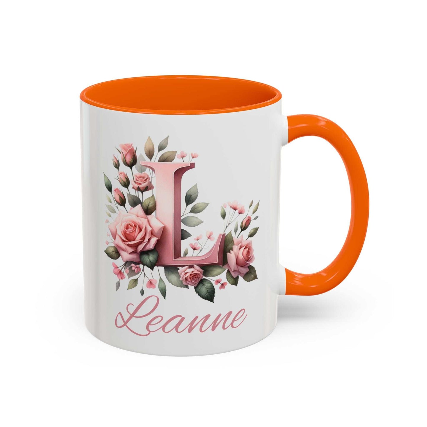 Personalised watercolour roses gift mug with name and initial, orange handle.