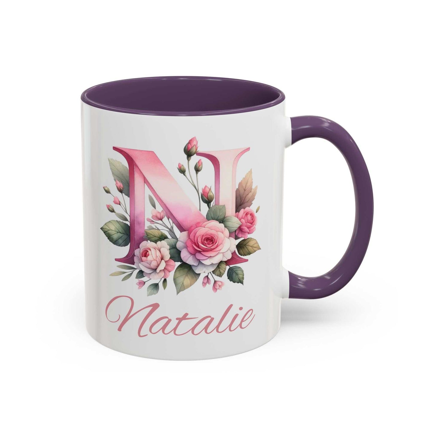 Personalised watercolour roses gift mug with custom name and initial design.