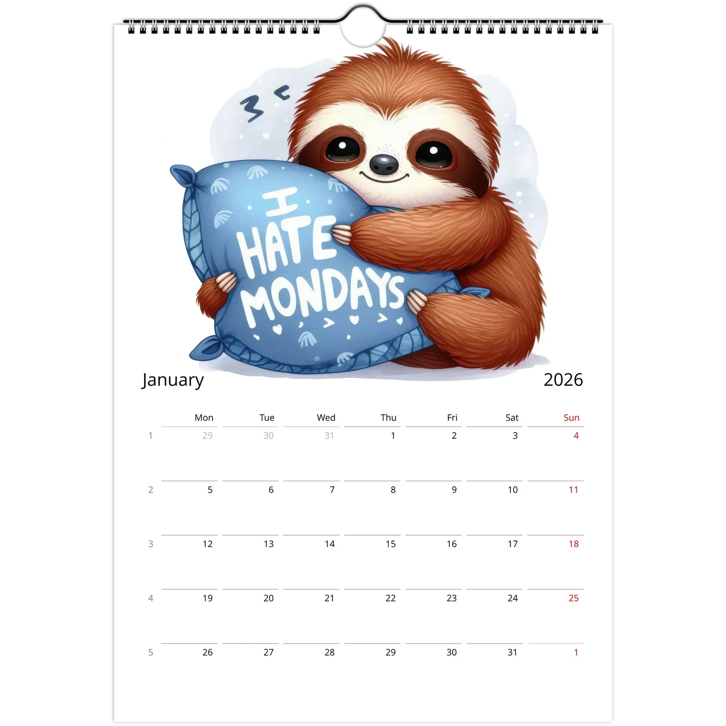 Adorable Sloth Wall Calendar 2026 January page with cute sloth hugging "I Hate Mondays" pillow and spiral binding