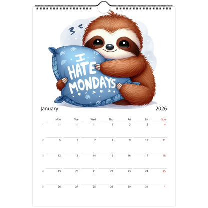 Adorable Sloth Wall Calendar 2026 January page with cute sloth hugging "I Hate Mondays" pillow and spiral binding