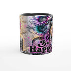 Be Happy – Motivational Coffee Mug with vibrant, colorful floral design and inspirational quote.
