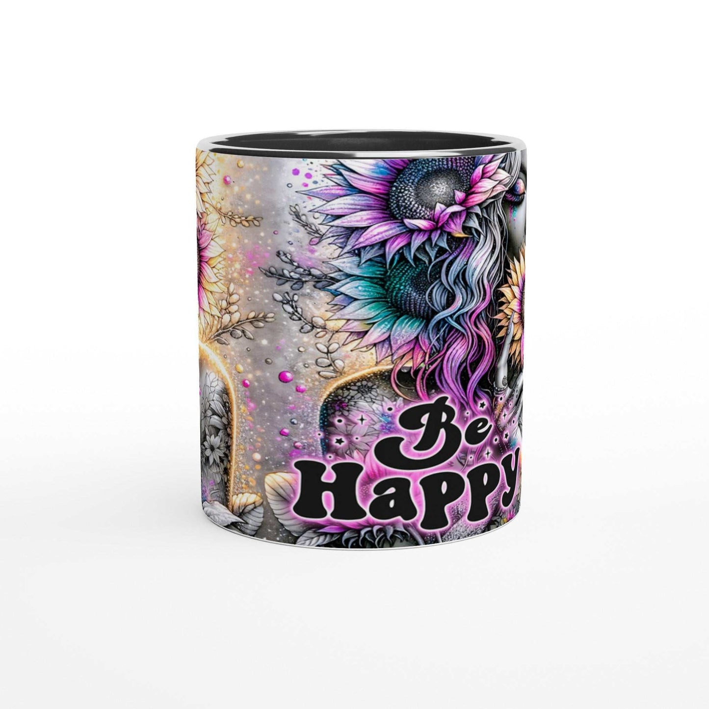 Be Happy – Motivational Coffee Mug with vibrant, colorful floral design and inspirational quote.