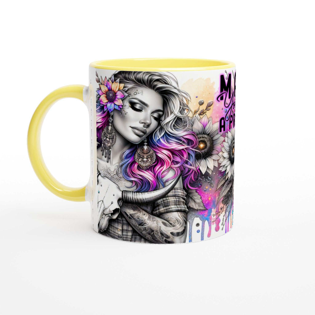 Priority motivational coffee mug with colorful design and glossy finish.