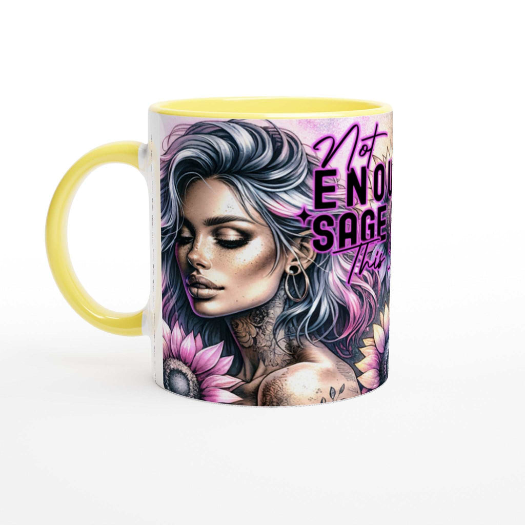 Not Enough Sage motivational coffee mug with vibrant design, 11oz ceramic, yellow handle.