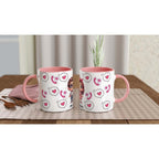 Cute personalised Valentines mug with heart designs, pink handle, and interior, perfect custom ceramic coffee cup gift.