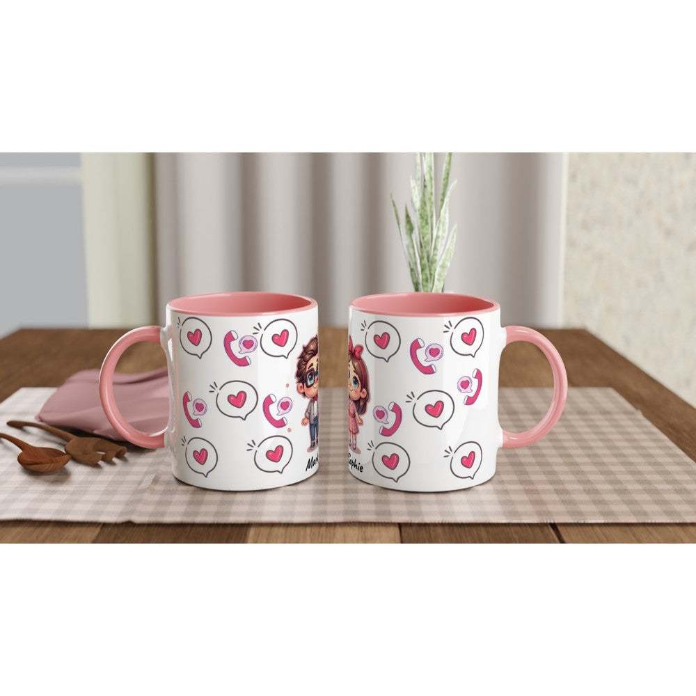 Cute personalised Valentines mug with heart designs, pink handle, and interior, perfect custom ceramic coffee cup gift.