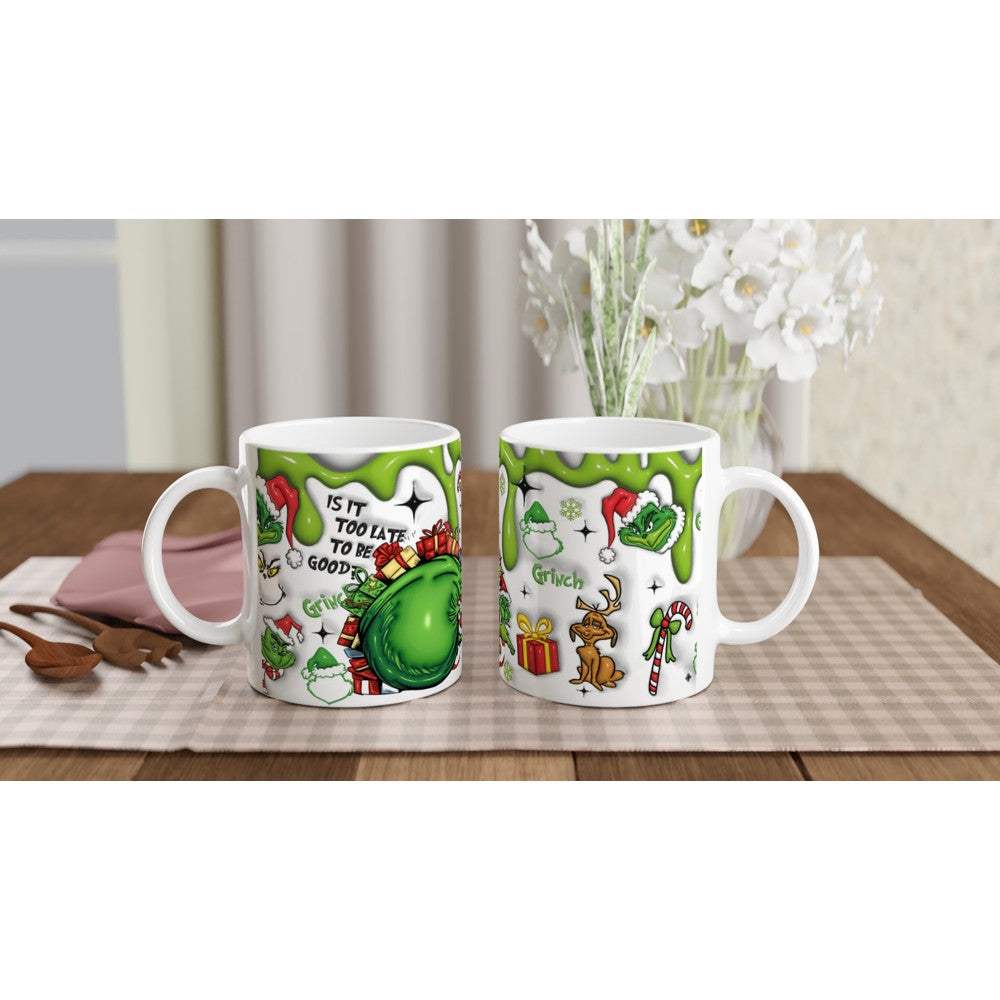 Fun Grinch Christmas Mug with festive design, 11oz ceramic, microwave and dishwasher safe.