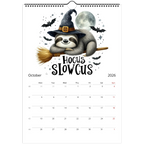 Adorable Sloth Wall Calendar 2026 October page with cute sloth in witch hat on broomstick illustration