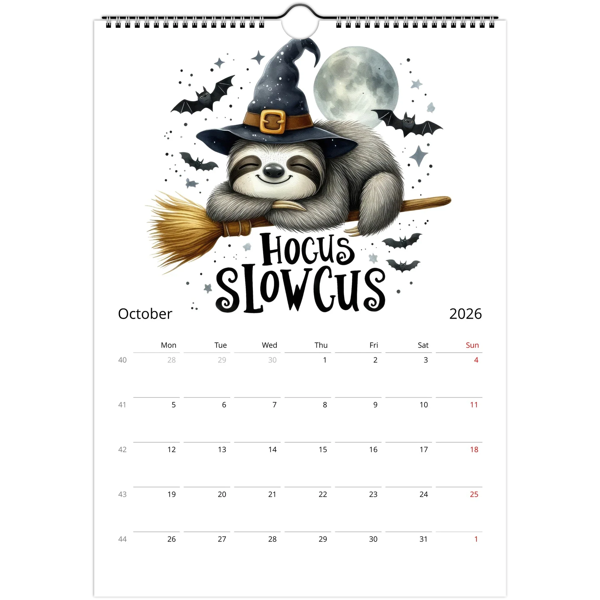 Adorable Sloth Wall Calendar 2026 October page with cute sloth in witch hat on broomstick illustration