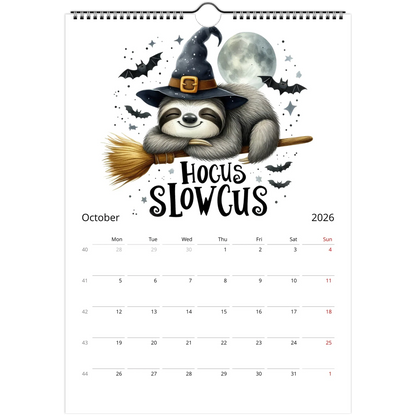 Adorable Sloth Wall Calendar 2026 October page with cute sloth in witch hat on broomstick illustration