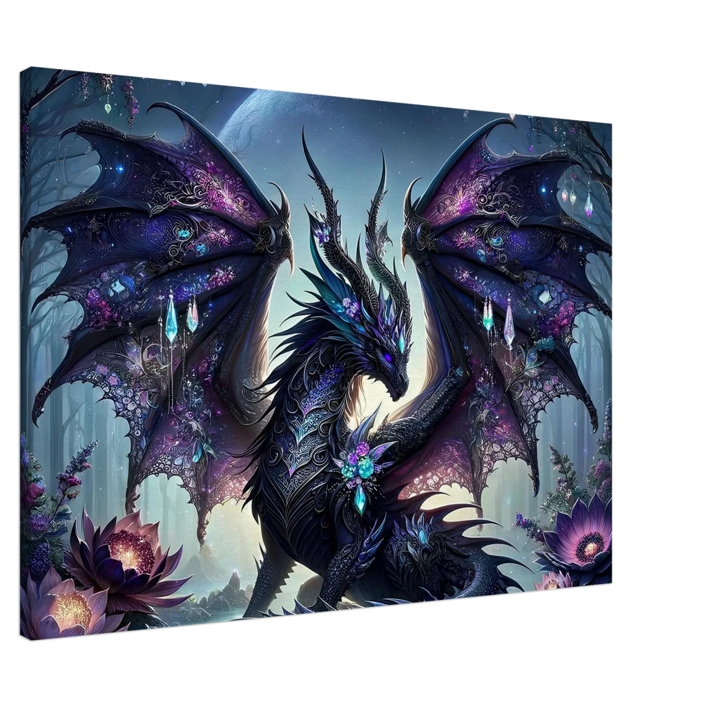 Black Gem Dragon Wall Canvas featuring a mystical dragon with shimmering black gems.