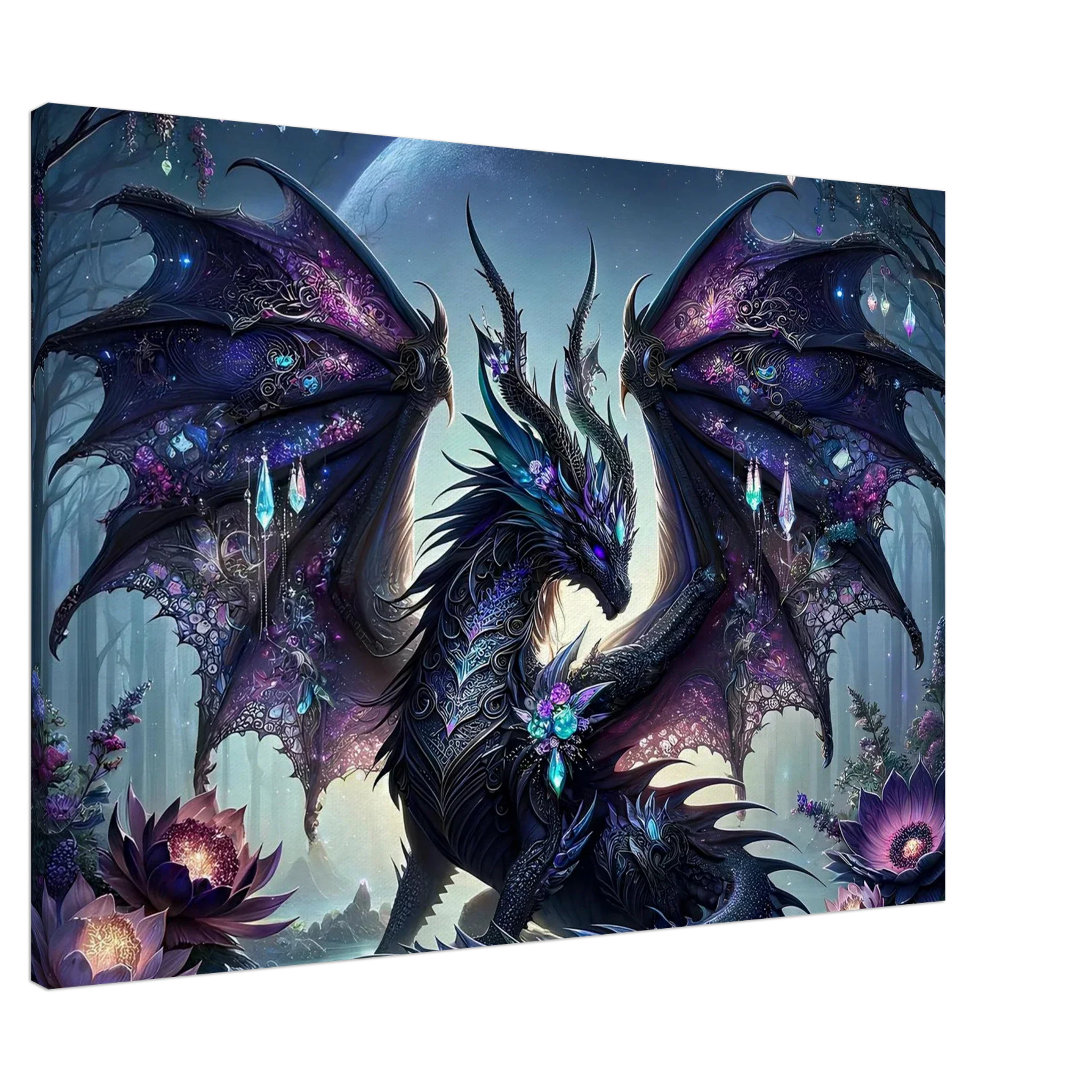 Black Gem Dragon Wall Canvas featuring a mystical dragon with shimmering black gems.