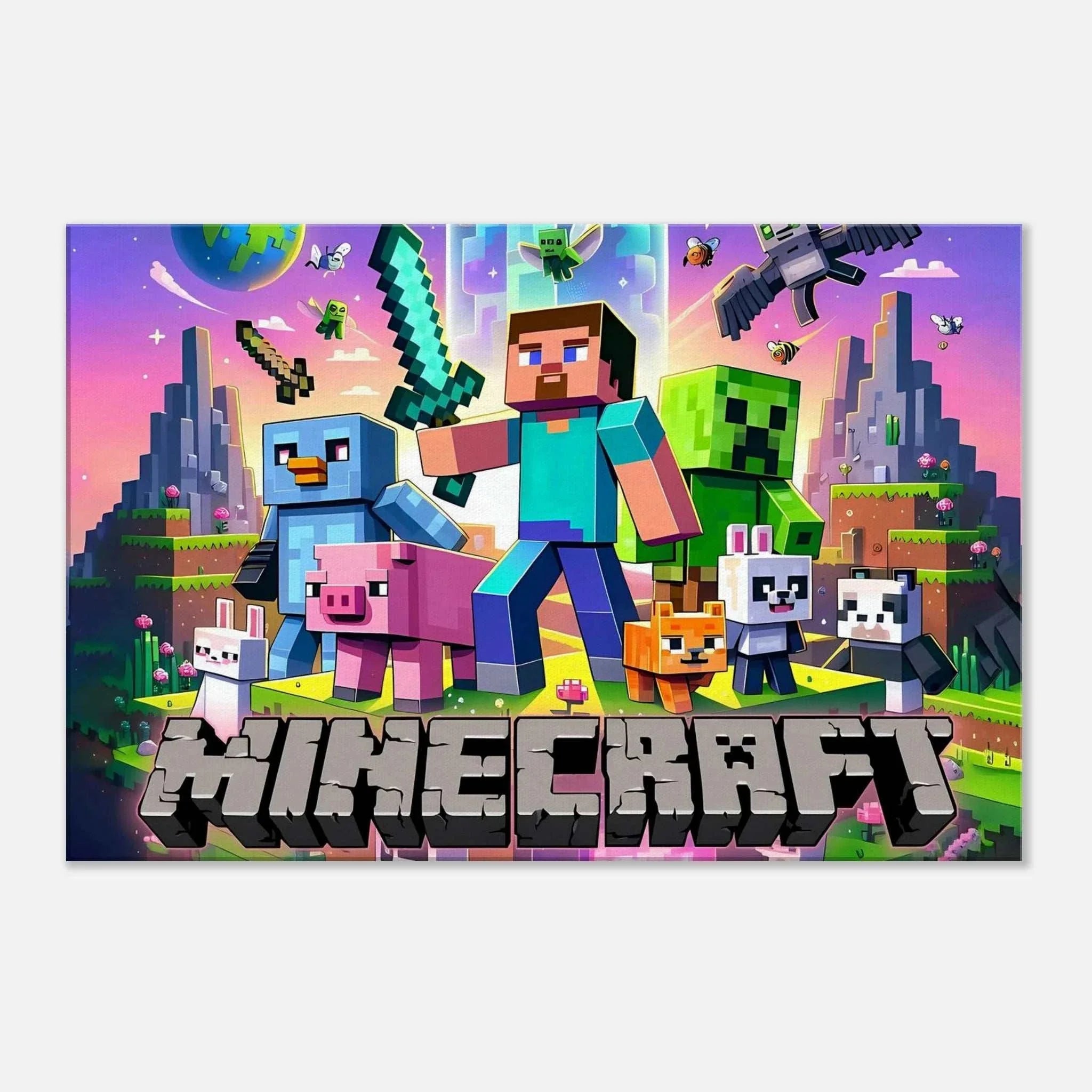 Vibrant Minecraft wall canvas featuring iconic pixelated scenes and characters, perfect for decorating gaming zones or bedrooms.