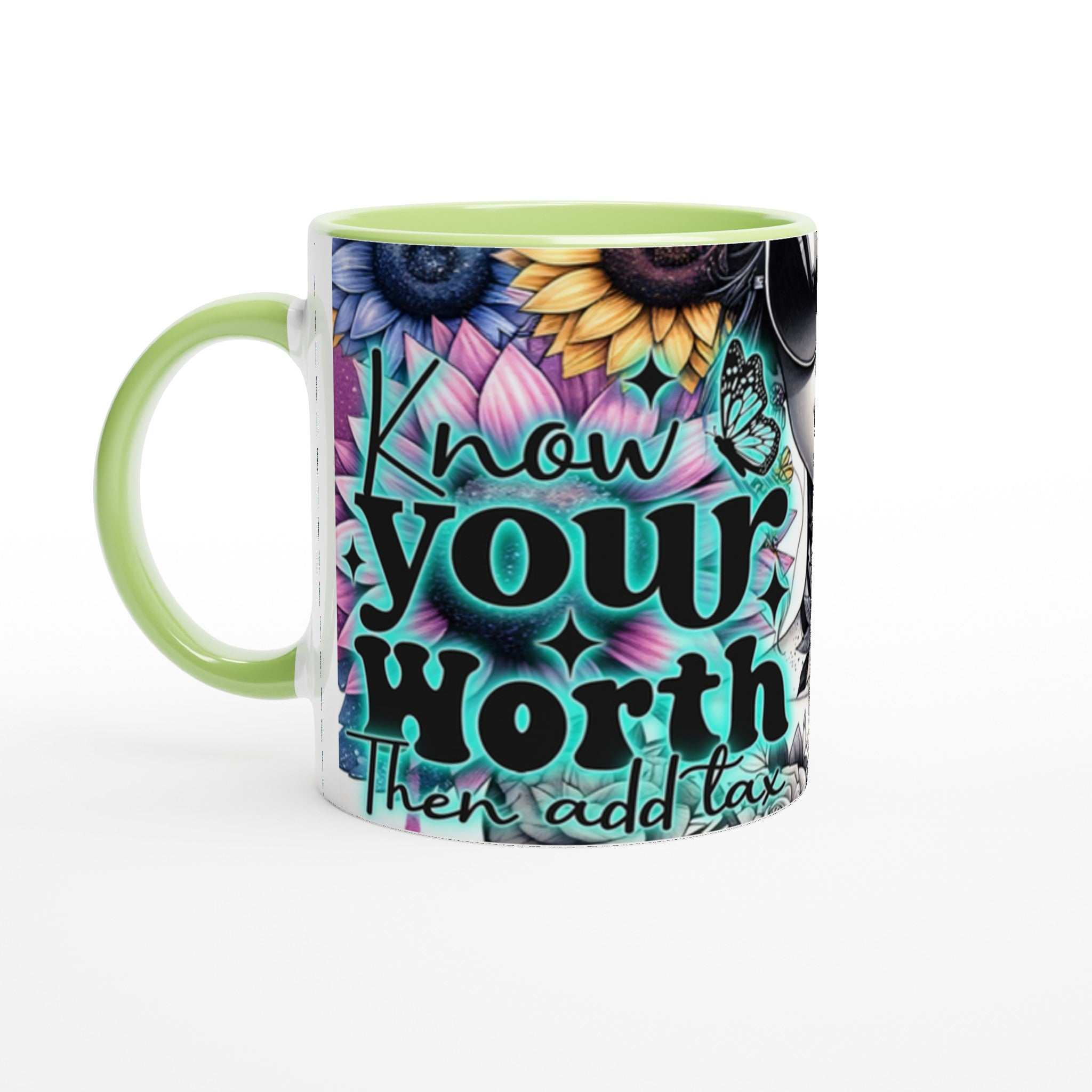 Know Your Worth motivational coffee mug with colorful design and inspirational quote, 11oz ceramic, green handle and rim.