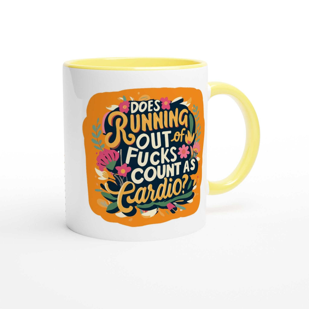 11oz Outta Fucks Fun Mug with colorful design, glossy finish, yellow rim and handle.