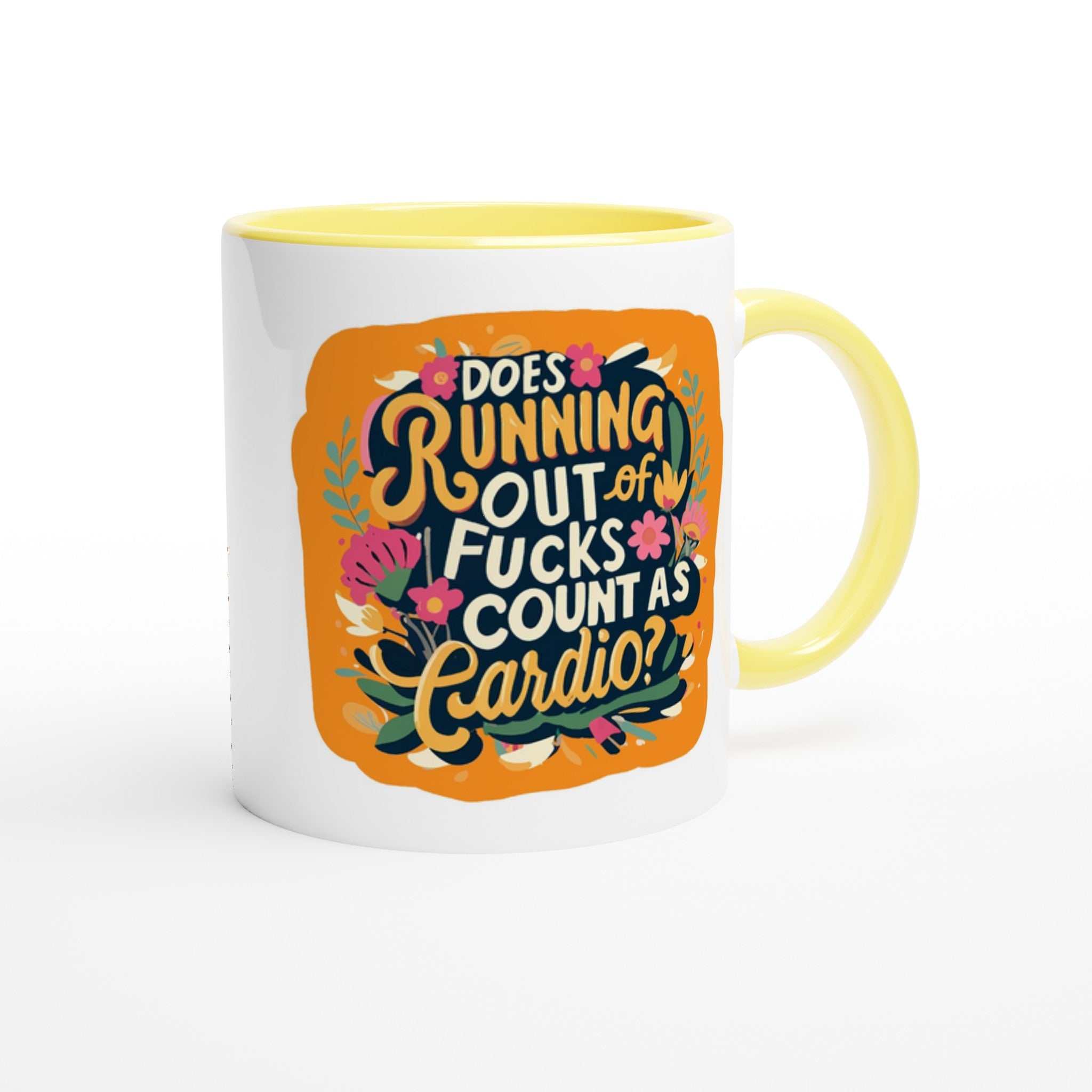 11oz Outta Fucks Fun Mug with colorful design, glossy finish, yellow rim and handle.