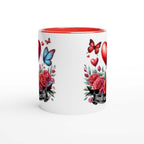 Valentines Day ceramic mug with colorful heart and butterfly design, perfect lovely gift.