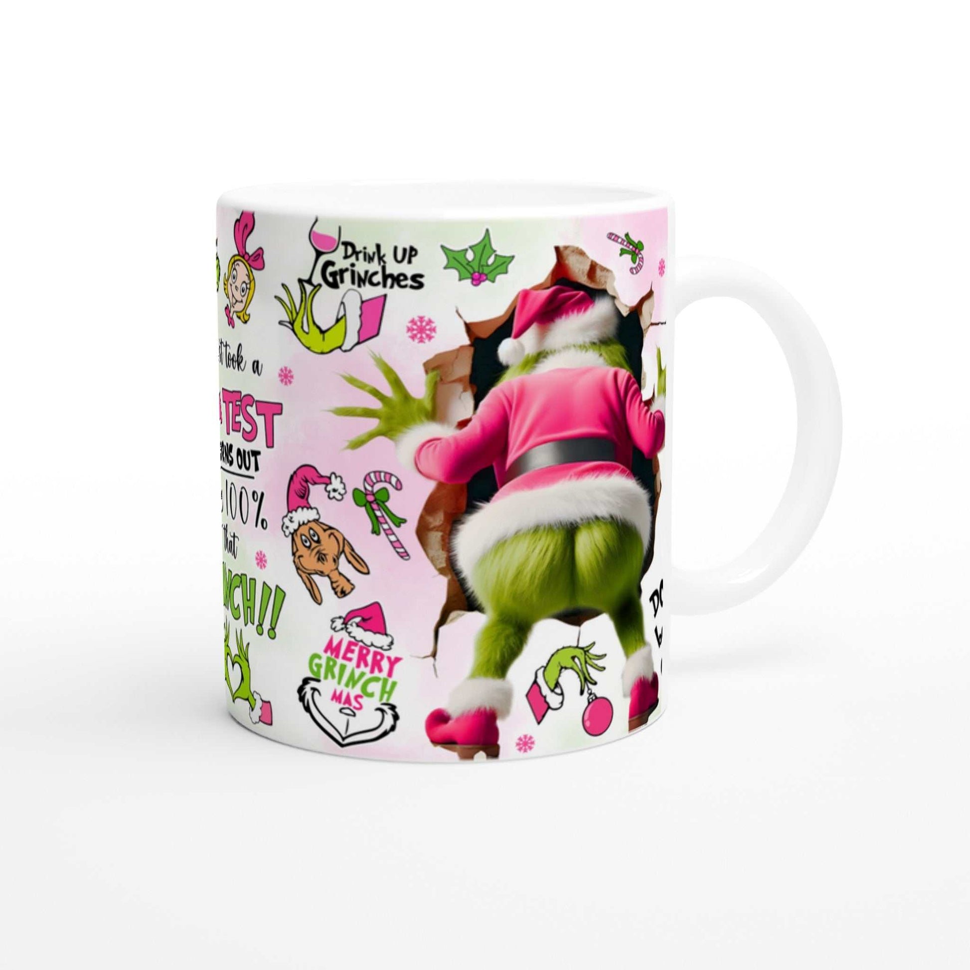 Grinch Christmas mug with festive design, 11oz ceramic, glossy finish.