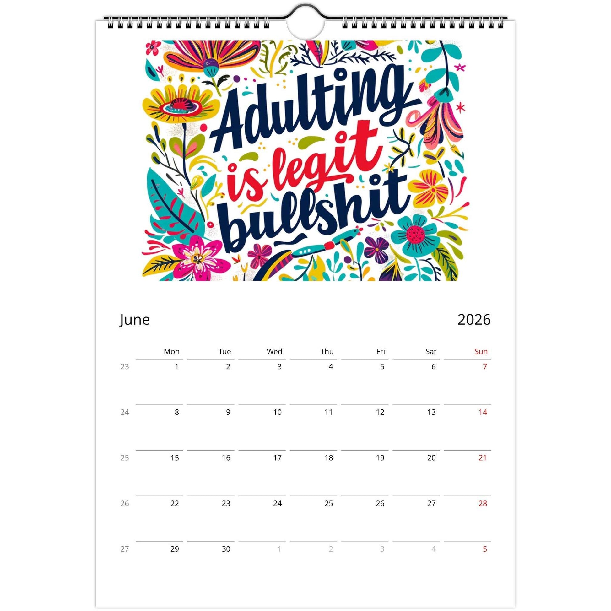 Welcome to the Fuckery 2026 wall calendar with bold typography and floral design, featuring monthly pages for notes and reminders