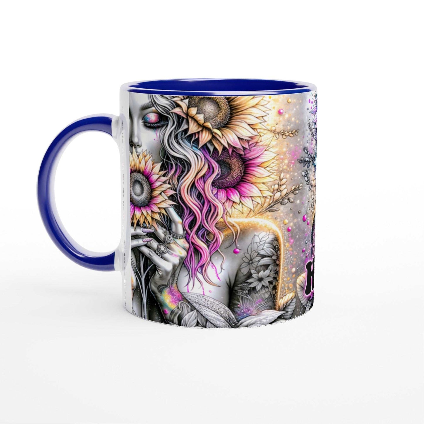 Be Happy – Motivational Coffee Mug with vibrant sunflower design, colorful rim, and handle.